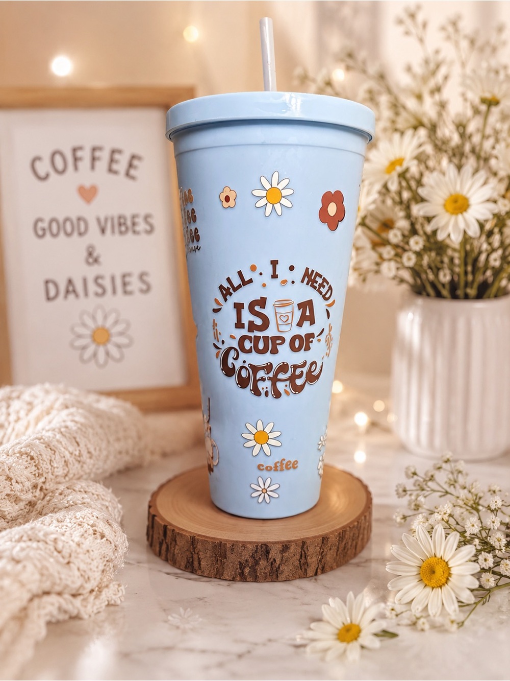 Light Blue Daisy Coffee Tumbler with Straw